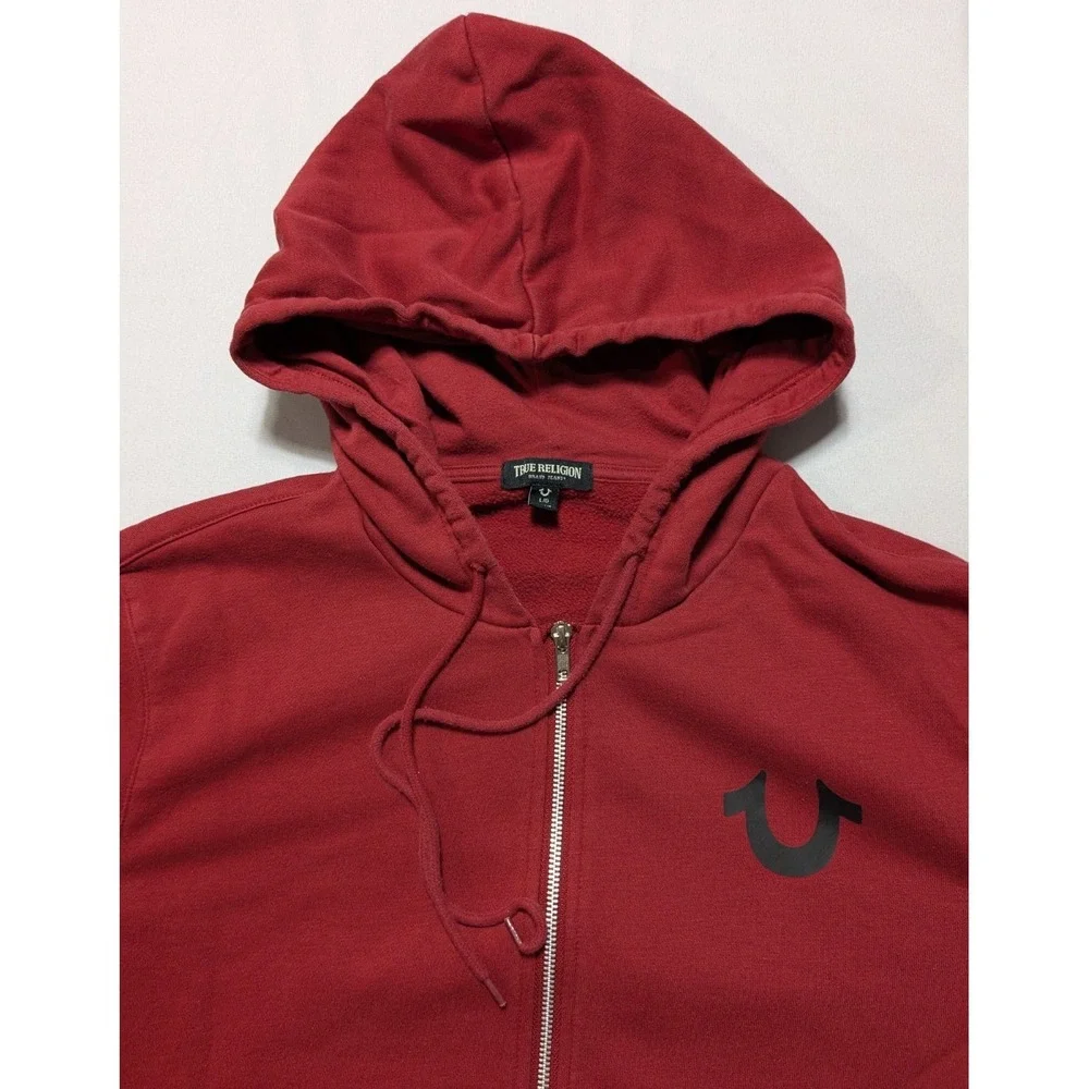 True Religion Buddha Hoodie - Men Large Burgundy Zip‎ Double-Sided